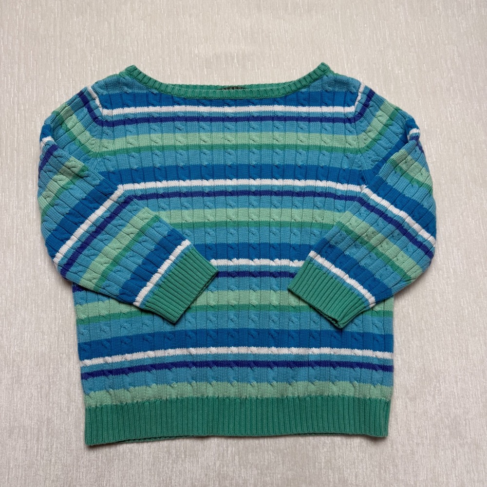 Ralph Lauren Striped Cable Knit Sweater Womens Large Blue Green Coastal Colorful